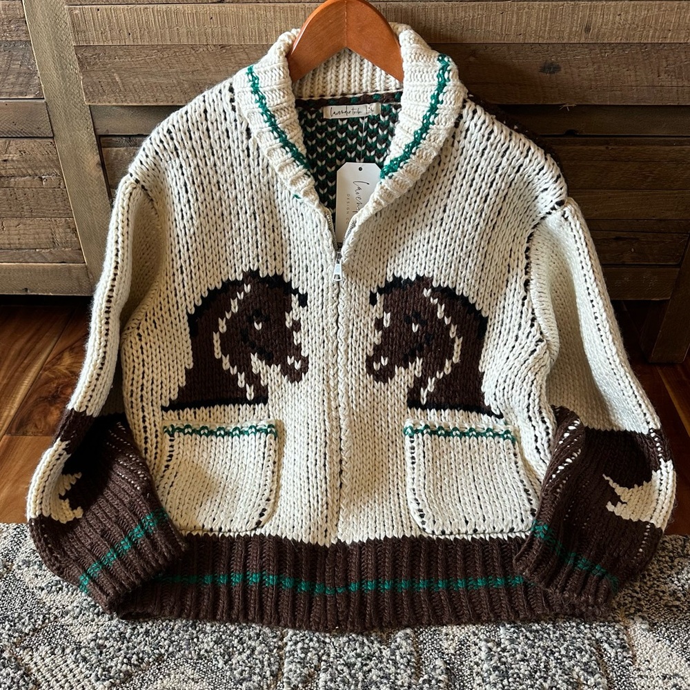 Knitted Horse Print Cardigan Sweater Western Rodeo Cowichan Vintage Quilted Coat - Picture 3 of 8